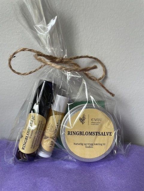 Sett med ringblomstprodukter som pleier huden